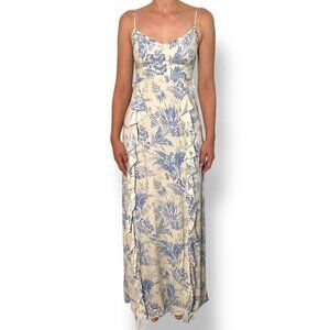 Chaser Maxi Dress Blue Cream Toile Ruffle Lace Up Back Sz XS Victorian Garden